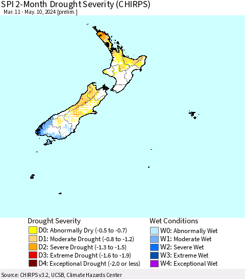 New Zealand SPI 2-Month Drought Severity (CHIRPS) Thematic Map For 3/11/2024 - 5/10/2024