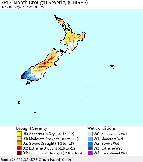 New Zealand SPI 2-Month Drought Severity (CHIRPS) Thematic Map For 3/16/2024 - 5/15/2024