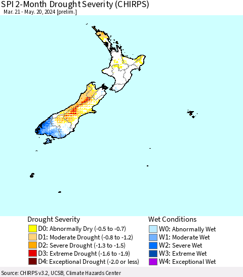 New Zealand SPI 2-Month Drought Severity (CHIRPS) Thematic Map For 3/21/2024 - 5/20/2024