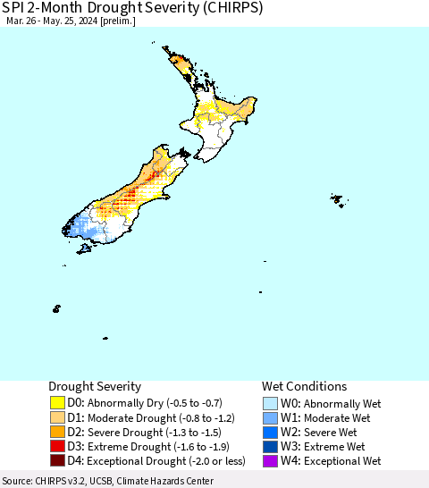 New Zealand SPI 2-Month Drought Severity (CHIRPS) Thematic Map For 3/26/2024 - 5/25/2024