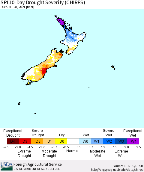 New Zealand SPI 10-Day Drought Severity (CHIRPS) Thematic Map For 10/21/2021 - 10/31/2021