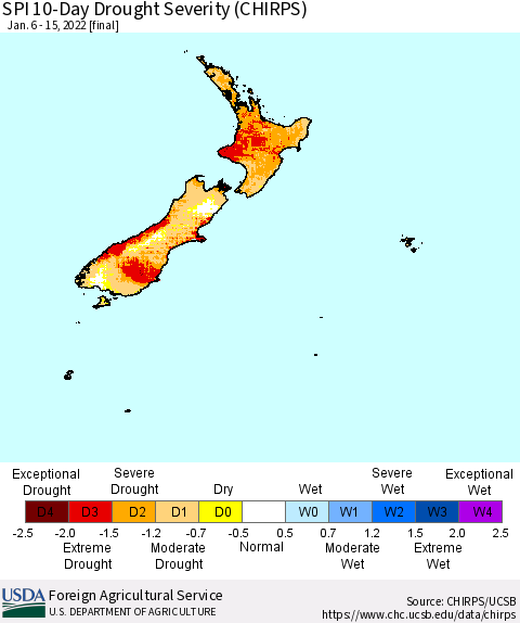 New Zealand SPI 10-Day Drought Severity (CHIRPS) Thematic Map For 1/6/2022 - 1/15/2022