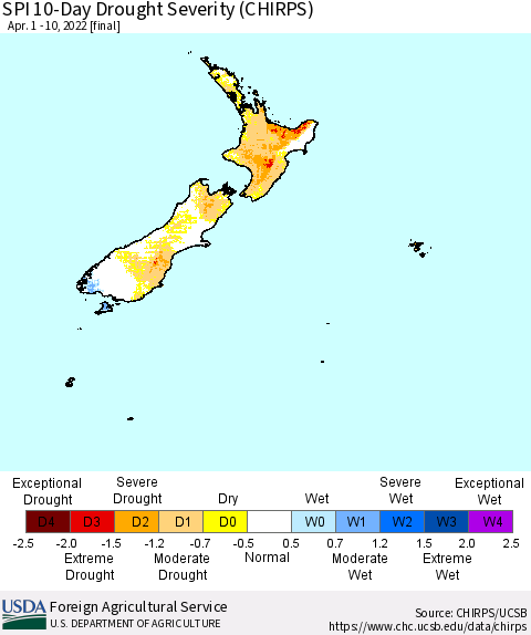 New Zealand SPI 10-Day Drought Severity (CHIRPS) Thematic Map For 4/1/2022 - 4/10/2022