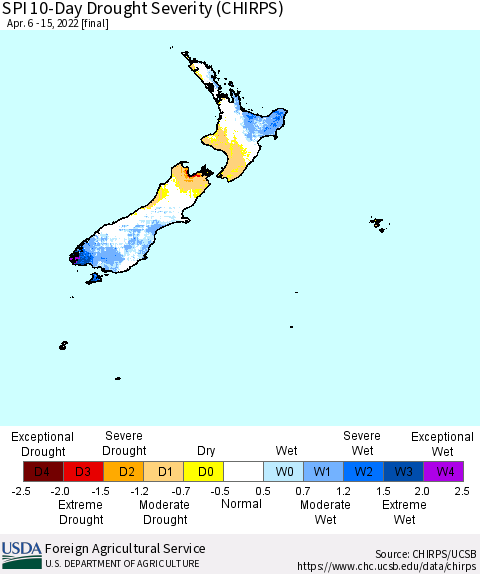 New Zealand SPI 10-Day Drought Severity (CHIRPS) Thematic Map For 4/6/2022 - 4/15/2022