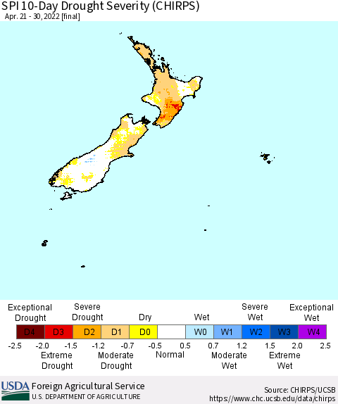 New Zealand SPI 10-Day Drought Severity (CHIRPS) Thematic Map For 4/21/2022 - 4/30/2022