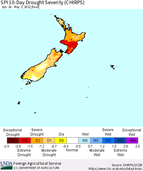 New Zealand SPI 10-Day Drought Severity (CHIRPS) Thematic Map For 4/26/2022 - 5/5/2022