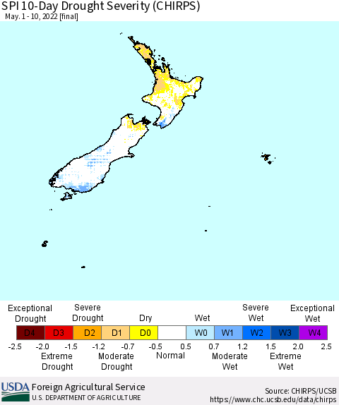 New Zealand SPI 10-Day Drought Severity (CHIRPS) Thematic Map For 5/1/2022 - 5/10/2022