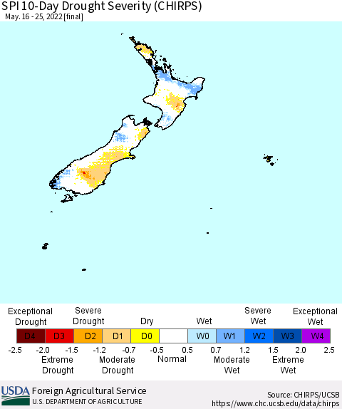 New Zealand SPI 10-Day Drought Severity (CHIRPS) Thematic Map For 5/16/2022 - 5/25/2022