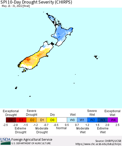 New Zealand SPI 10-Day Drought Severity (CHIRPS) Thematic Map For 5/21/2022 - 5/31/2022