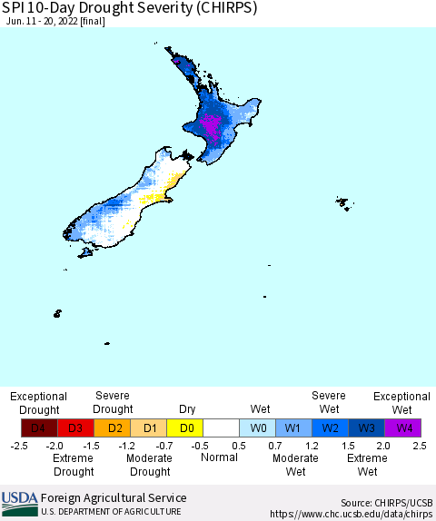 New Zealand SPI 10-Day Drought Severity (CHIRPS) Thematic Map For 6/11/2022 - 6/20/2022