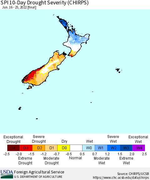 New Zealand SPI 10-Day Drought Severity (CHIRPS) Thematic Map For 6/16/2022 - 6/25/2022