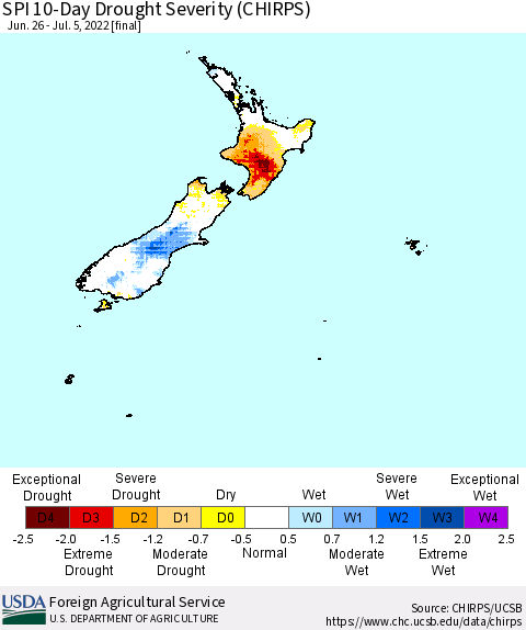 New Zealand SPI 10-Day Drought Severity (CHIRPS) Thematic Map For 6/26/2022 - 7/5/2022