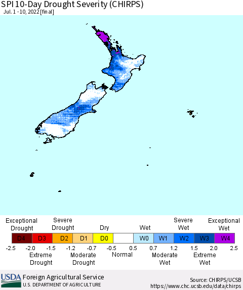 New Zealand SPI 10-Day Drought Severity (CHIRPS) Thematic Map For 7/1/2022 - 7/10/2022