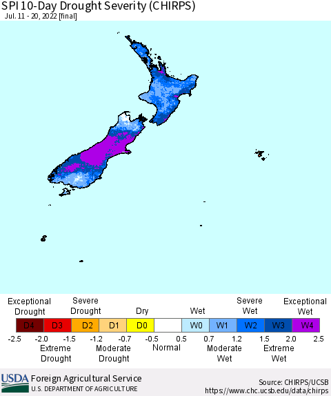 New Zealand SPI 10-Day Drought Severity (CHIRPS) Thematic Map For 7/11/2022 - 7/20/2022