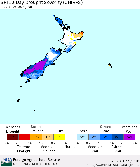 New Zealand SPI 10-Day Drought Severity (CHIRPS) Thematic Map For 7/16/2022 - 7/25/2022