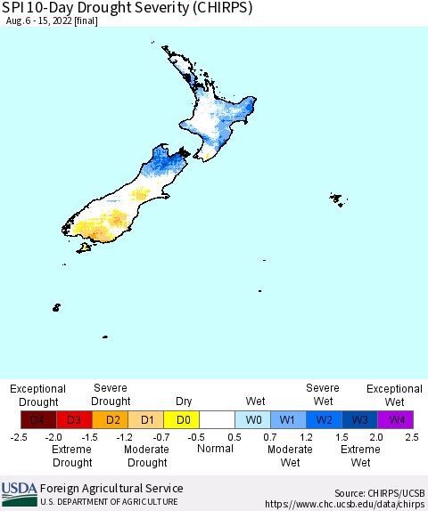 New Zealand SPI 10-Day Drought Severity (CHIRPS) Thematic Map For 8/6/2022 - 8/15/2022