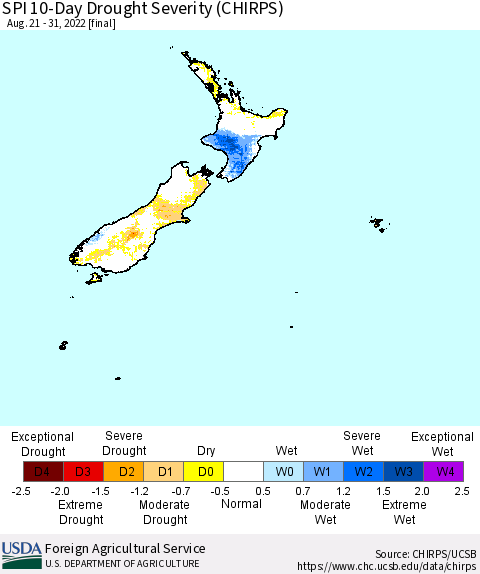 New Zealand SPI 10-Day Drought Severity (CHIRPS) Thematic Map For 8/21/2022 - 8/31/2022