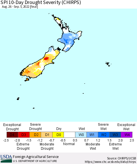 New Zealand SPI 10-Day Drought Severity (CHIRPS) Thematic Map For 8/26/2022 - 9/5/2022