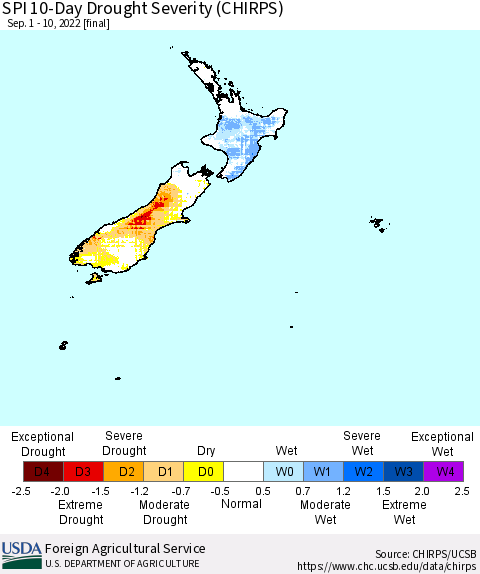 New Zealand SPI 10-Day Drought Severity (CHIRPS) Thematic Map For 9/1/2022 - 9/10/2022