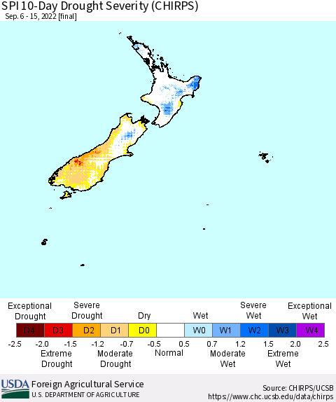 New Zealand SPI 10-Day Drought Severity (CHIRPS) Thematic Map For 9/6/2022 - 9/15/2022