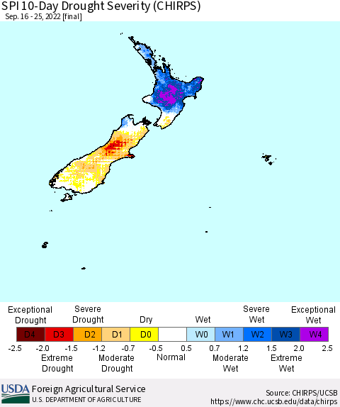 New Zealand SPI 10-Day Drought Severity (CHIRPS) Thematic Map For 9/16/2022 - 9/25/2022