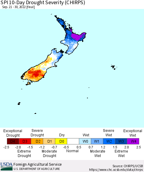 New Zealand SPI 10-Day Drought Severity (CHIRPS) Thematic Map For 9/21/2022 - 9/30/2022