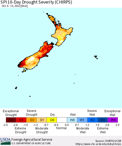 New Zealand SPI 10-Day Drought Severity (CHIRPS) Thematic Map For 10/6/2022 - 10/15/2022
