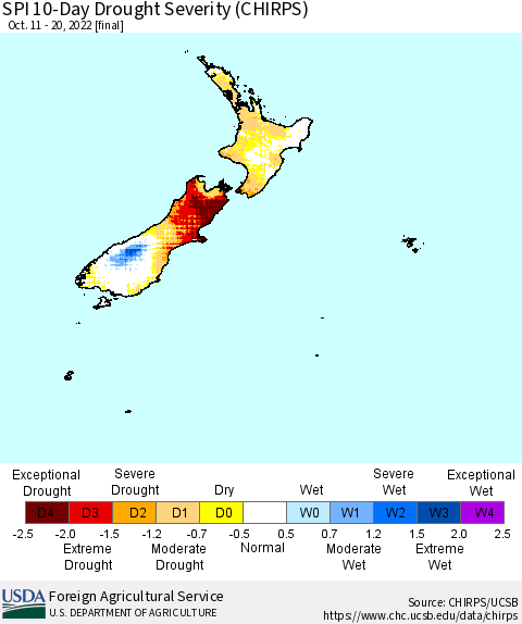 New Zealand SPI 10-Day Drought Severity (CHIRPS) Thematic Map For 10/11/2022 - 10/20/2022