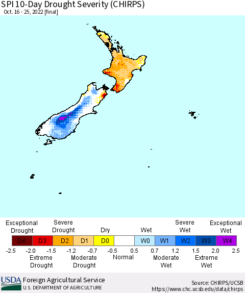 New Zealand SPI 10-Day Drought Severity (CHIRPS) Thematic Map For 10/16/2022 - 10/25/2022