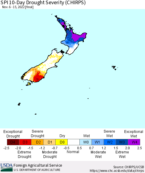 New Zealand SPI 10-Day Drought Severity (CHIRPS) Thematic Map For 11/6/2022 - 11/15/2022