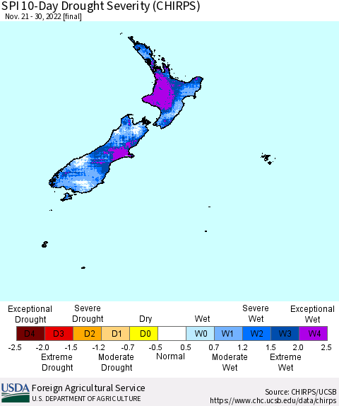 New Zealand SPI 10-Day Drought Severity (CHIRPS) Thematic Map For 11/21/2022 - 11/30/2022