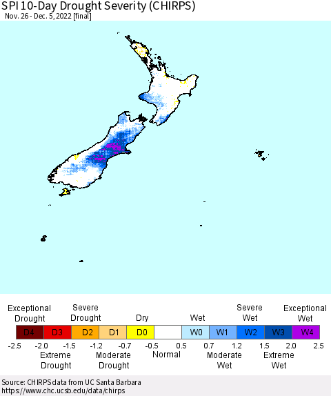 New Zealand SPI 10-Day Drought Severity (CHIRPS) Thematic Map For 11/26/2022 - 12/5/2022