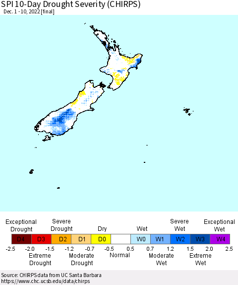New Zealand SPI 10-Day Drought Severity (CHIRPS) Thematic Map For 12/1/2022 - 12/10/2022
