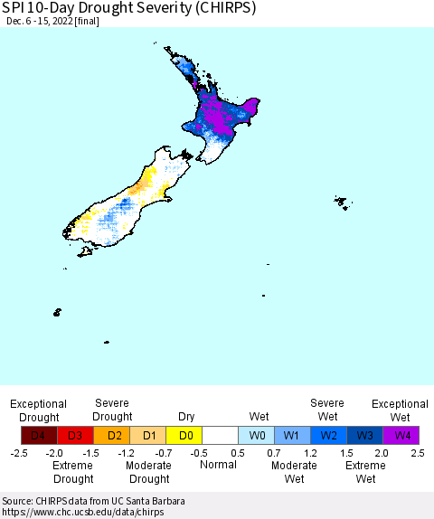 New Zealand SPI 10-Day Drought Severity (CHIRPS) Thematic Map For 12/6/2022 - 12/15/2022