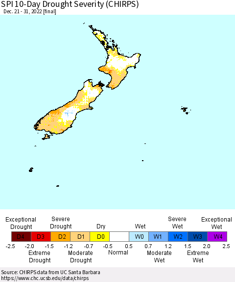New Zealand SPI 10-Day Drought Severity (CHIRPS) Thematic Map For 12/21/2022 - 12/31/2022