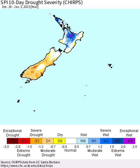 New Zealand SPI 10-Day Drought Severity (CHIRPS) Thematic Map For 12/26/2022 - 1/5/2023