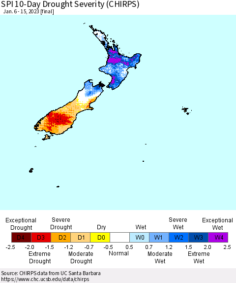 New Zealand SPI 10-Day Drought Severity (CHIRPS) Thematic Map For 1/6/2023 - 1/15/2023