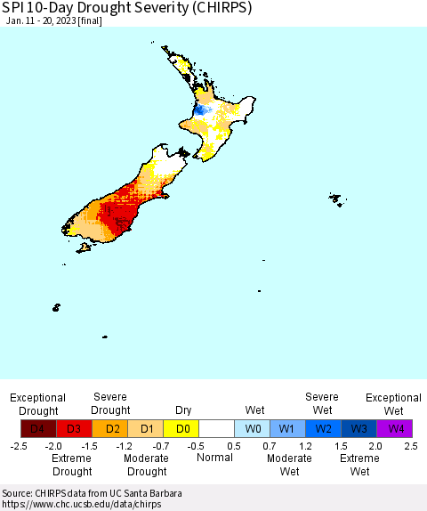 New Zealand SPI 10-Day Drought Severity (CHIRPS) Thematic Map For 1/11/2023 - 1/20/2023