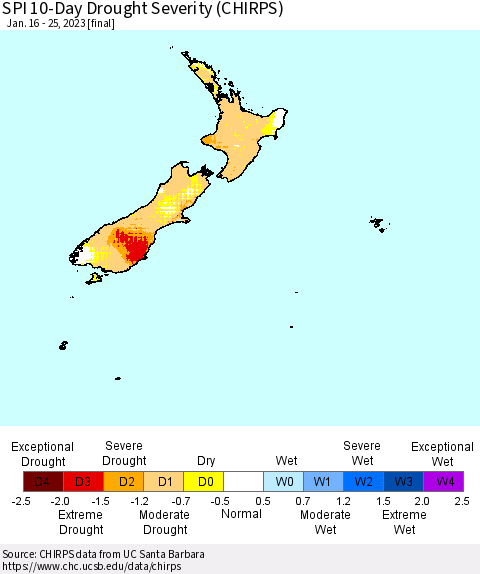 New Zealand SPI 10-Day Drought Severity (CHIRPS) Thematic Map For 1/16/2023 - 1/25/2023