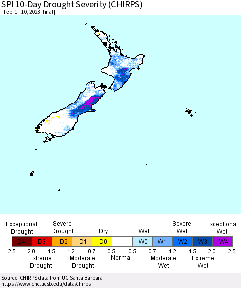 New Zealand SPI 10-Day Drought Severity (CHIRPS) Thematic Map For 2/1/2023 - 2/10/2023
