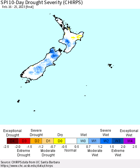 New Zealand SPI 10-Day Drought Severity (CHIRPS) Thematic Map For 2/16/2023 - 2/25/2023