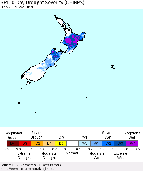 New Zealand SPI 10-Day Drought Severity (CHIRPS) Thematic Map For 2/21/2023 - 2/28/2023