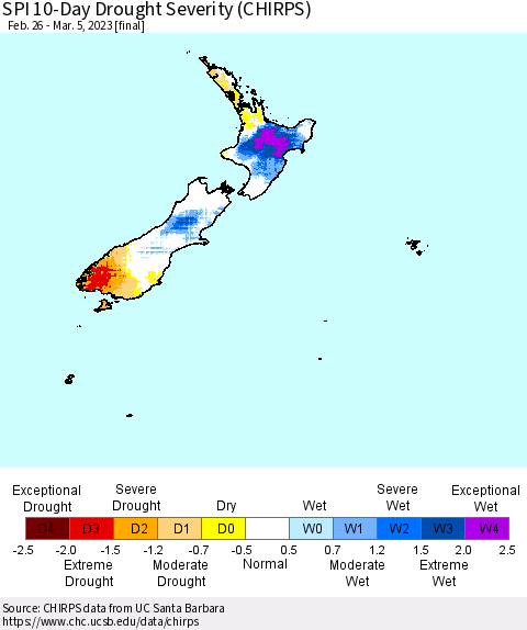 New Zealand SPI 10-Day Drought Severity (CHIRPS) Thematic Map For 2/26/2023 - 3/5/2023