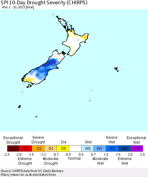 New Zealand SPI 10-Day Drought Severity (CHIRPS) Thematic Map For 3/1/2023 - 3/10/2023