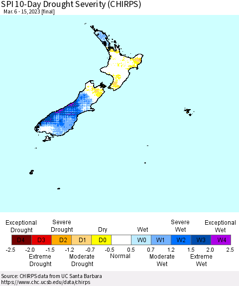 New Zealand SPI 10-Day Drought Severity (CHIRPS) Thematic Map For 3/6/2023 - 3/15/2023