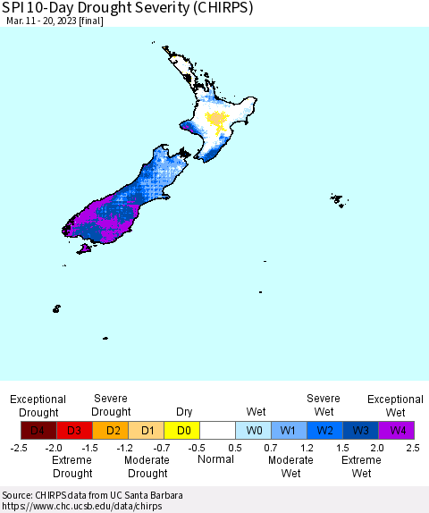 New Zealand SPI 10-Day Drought Severity (CHIRPS) Thematic Map For 3/11/2023 - 3/20/2023