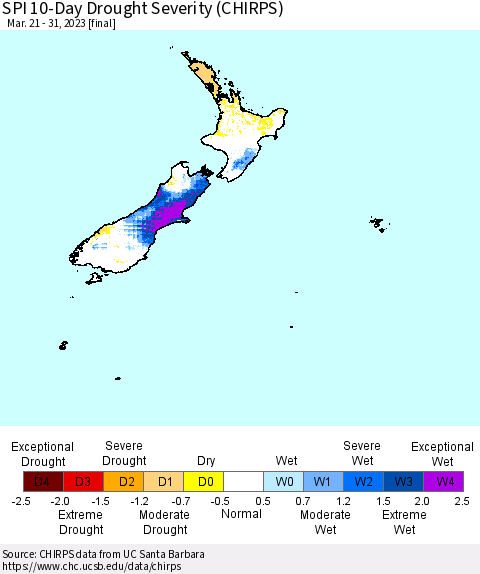 New Zealand SPI 10-Day Drought Severity (CHIRPS) Thematic Map For 3/21/2023 - 3/31/2023