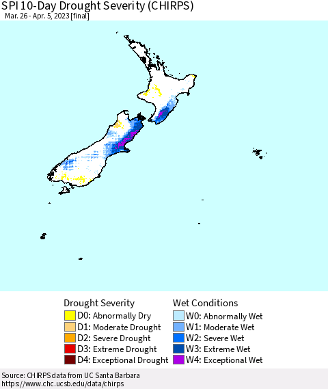 New Zealand SPI 10-Day Drought Severity (CHIRPS) Thematic Map For 3/26/2023 - 4/5/2023