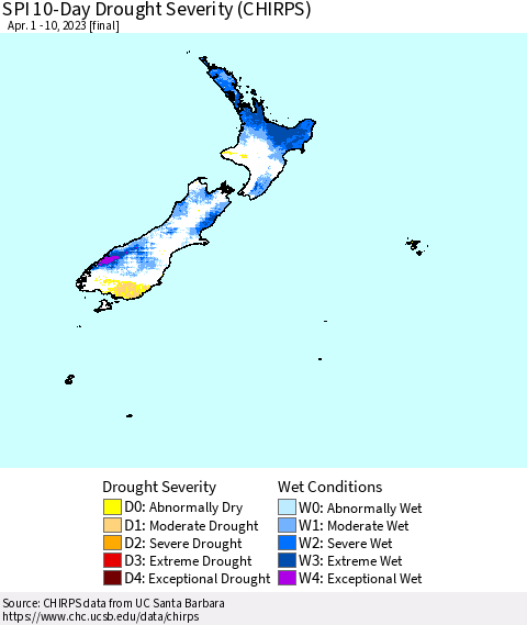 New Zealand SPI 10-Day Drought Severity (CHIRPS) Thematic Map For 4/1/2023 - 4/10/2023