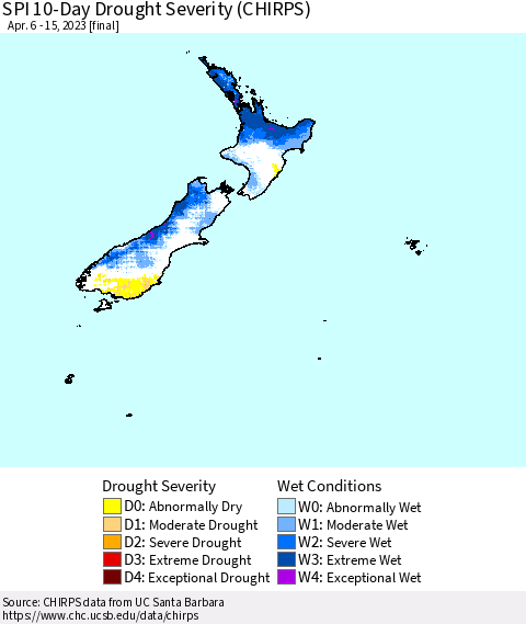 New Zealand SPI 10-Day Drought Severity (CHIRPS) Thematic Map For 4/6/2023 - 4/15/2023